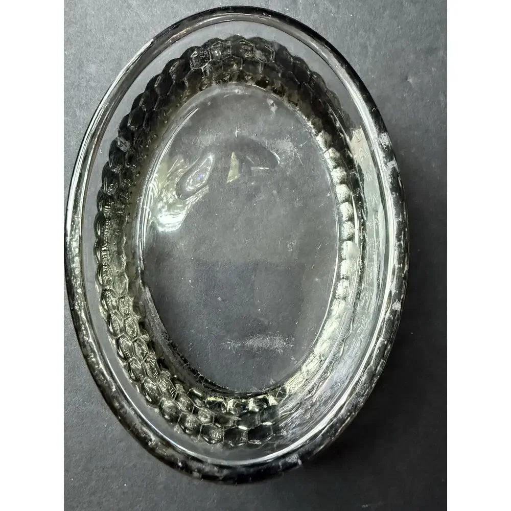 Glass Oval Soap Trinket Dish Silver Foil Trim Clear Minimalist